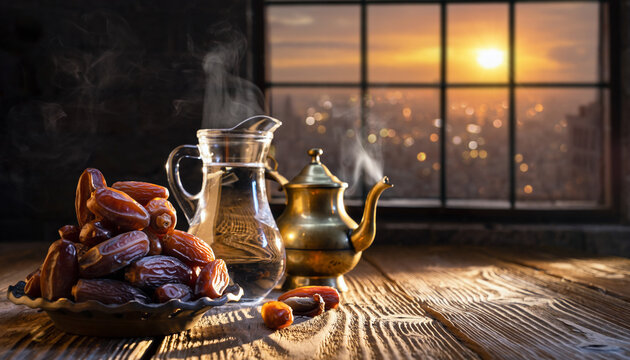 Healthy Ramadan iftar with dates, water, and traditional teapot on wooden table at sunset