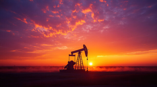 Oil production. A pump jack delivers oil from a well into an oil pipeline against the backdrop of a beautiful evening landscape. Sunset at an oil field.