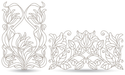 A set of contour illustrations of stained glass Windows with lilys in frames, dark contours on a white background, oval and rectangular image