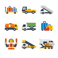 Fototapeta premium Airport vehicles and equipment icons: luggage truck, fuel tanker, stairs, plane