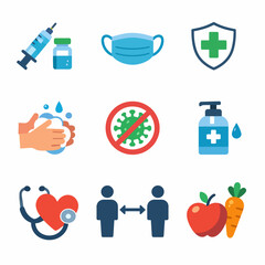 Healthcare icons set: syringe, mask, handwashing, social distancing, nutrition