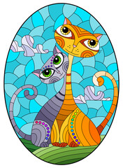 Illustration in stained glass style with a pair of abstract geometric rainbow cats on a blue background with sun 