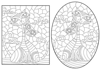 Set of contour illustrations in stained glass style with cute cartoon cats, dark outlines on a white background