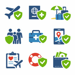 Travel insurance icons: family, luggage, health, protection, passport, payment