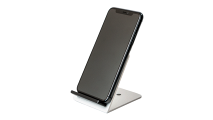 Smartphone placed on a mobile stand  isolated on transparent background cut out