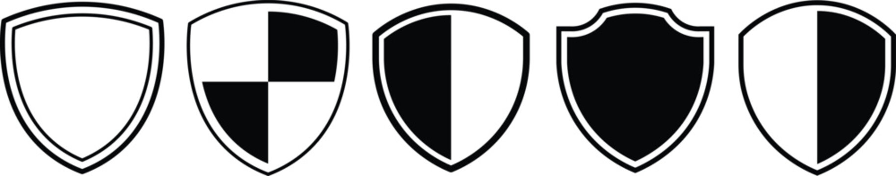 Five black and white shield emblems with varied internal divisions crest badge