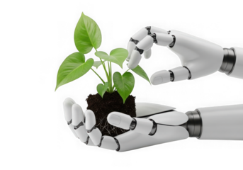 Robot hands holding a small plant