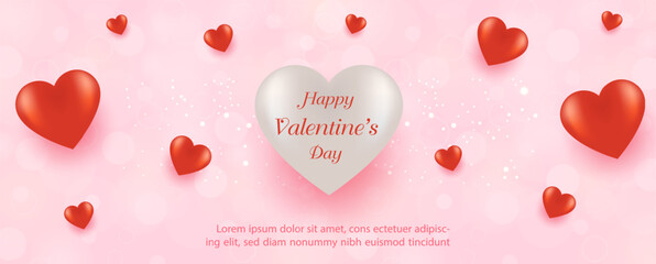 Poster banner of group of hearts in a frosted glass style with Valentine's day wording on circles bokeh and pink background.