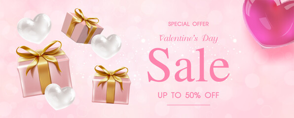 Valentine's day greeting card, web banner poster design with gift box flying and white hearts with sale wording on pink background