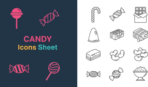 Black outline icon sheet of candy and sweet treats