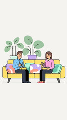 Couple Sharing Moment on a Cozy Couch with Plants, Enjoying Time Together and Relaxing Inside