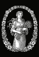 Goddess holding wheat sheaf in floral oval frame, vintage mythological female figure with flowing hair