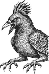 Obraz premium Detailed black and white illustration of a fierce bird with open beak and prominent crest feathers