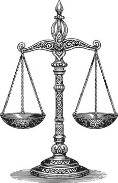 Intricate vintage balance scales with ornate decorative patterns and chains for legal justice symbol