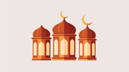 Fototapeta premium Three elegant Islamic lanterns with crescent moon symbols, perfect for Ramadan Kareem, Eid Mubarak, and other Muslim holiday celebrations, featuring a warm, festive design.