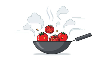 Vibrant red tomatoes simmering in a hot wok with rising steam, showcasing fresh ingredients and the art of simple cooking.
