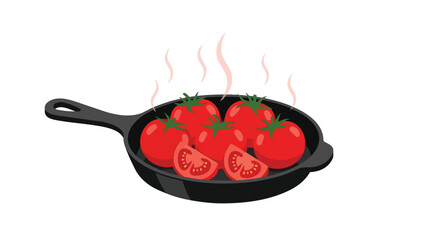 Sizzling red ripe tomatoes gently simmering in a classic black cast-iron pan preparing a delicious culinary base with aromatic steam rising for a
