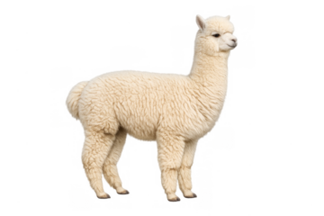 White alpaca standing profile on transparent background
