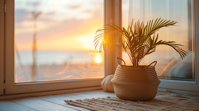 The room, bathed in sunlight at sunset, features wooden windows with sea views and is decorated with lush greenery and flowers, creating a peaceful, beachy summer atmosphere right inside the house.