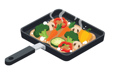 Healthy vegetables simmering in a square pan, an isometric illustration of fresh food preparation.