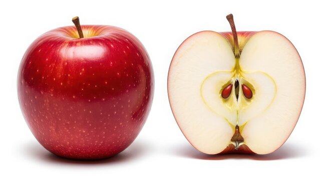 Fresh red apple cut in half revealing seeds