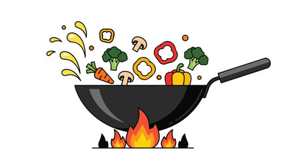 An engaging culinary illustration of fresh vibrant vegetables expertly tossed in a hot wok over a dynamic flame creating a delicious healthy stir