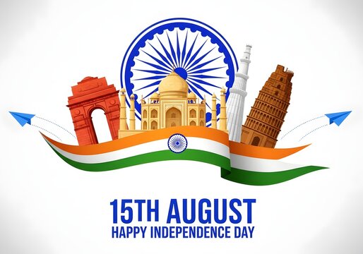 15th August Happy Independence Day India Banner with Famous Monuments and Tricolor Ribbon