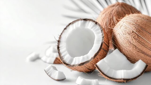 Fresh coconuts on display, with one cut open to reveal the white flesh