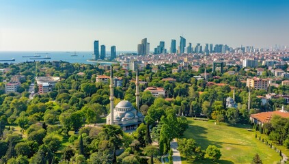 Obraz premium Aerial view of a city with a mosque, green space, and a cityscape