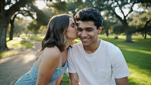 Young couple sitting on park bench as woman kisses smiling man on cheek in warm golden hour light