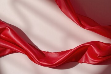 A flowing piece of red satin fabric elegantly draped across a soft pink surface, creating gentle folds and curves that catch the light.