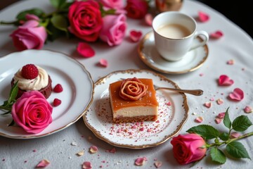 An elegant dessert and coffee arrangement set on a refined table, featuring a caramel-topped cheesecake adorned with a rose-shaped garnish, surrounded by pink and red sprinkles and petals.