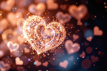 A soft-focus abstract photograph of sparkling particles forming a heart shape, Valentine's Day atmosphere, dark background, magical style.