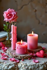 a high resolution photographic still life of handmade candles in soft pink and red tones arranged on natural stone, gentle melted wax textures, warm ambient lighting.