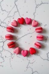 A minimalist photograph of pink and red macarons and pink and red heart-shaped chocolates arranged in a circle on a marble floor, with a Valentine's Day theme.