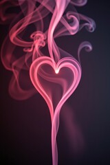 a calm photography of incense smoke drifting through warm pink light, forming gentle heart curves, valentine mood, dark background, no people, no text, atmospheric fine art photography