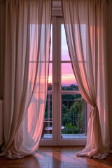 a calm interior photograph of sheer curtains illuminated by pink sunrise light, gentle folds creating romantic shapes, valentine atmosphere, serene mood.