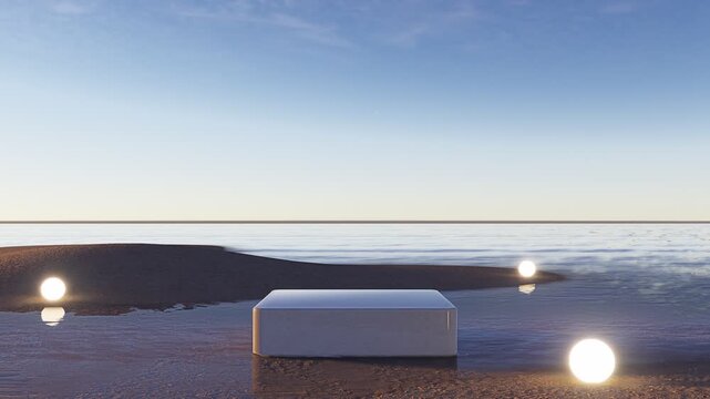 Minimal product podium on a beach with glowing spheres, calm sea, and soft sky light, perfect for luxury display, branding mockup, and advertising background, 3D rendering