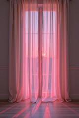 A serene interior photograph showing translucent curtains shimmering with the red light of a sunset, soft shadows, a Valentine's Day atmosphere, and a tranquil space.