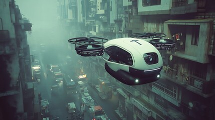 Futuristic personal aerial vehicle or passenger drone navigates a dense, foggy, and congested dystopian city street environment above heavy ground traffic congestion during daylight hours.