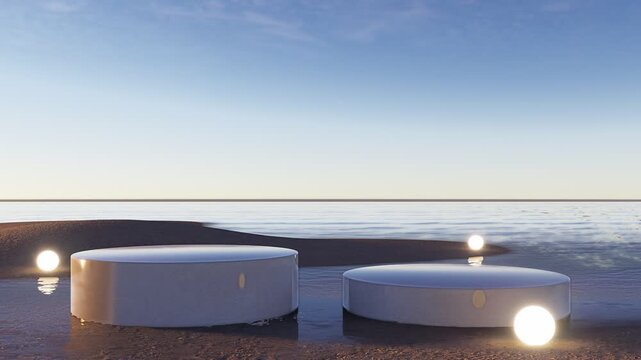 Minimal product podium on a beach with glowing spheres, calm sea, and soft sky light, perfect for luxury display, branding mockup, and advertising background, 3D rendering