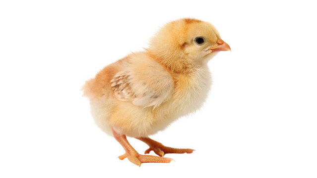 Small yellow chick stands alone isolated on transparent background cut out