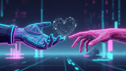 Futuristic digital hands reaching connecting with glowing heart polygon shape cyber love technology connection innovation artificial intelligence partnership digital romance