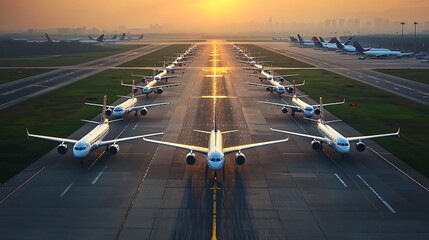 Numerous commercial passenger airplanes line up perfectly on the airport taxiway during a beautiful golden hour sunset with a distant city skyline visible