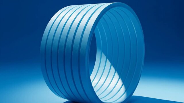 Abstract blue torus shape with parallel lines, illuminated on a gradient background.