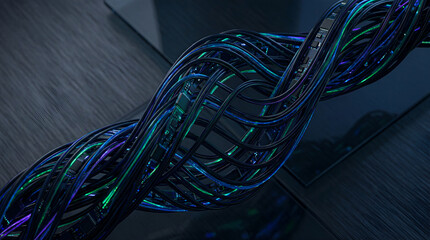 Twisted bundle of dark futuristic cables with glowing blue and green lights and embedded circuit board elements