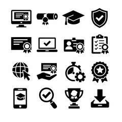 Online education icons: certificates, graduation, achievement, and digital learning symbols