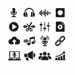 Audio and music icon set including headphones, microphone, sound wave, and more