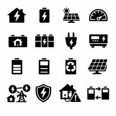 Energy icons: solar, battery, power generation, and sustainability symbols