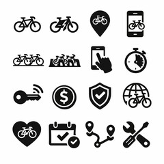Bicycle sharing icons set with gps, timer, lock, payment, and repair tools